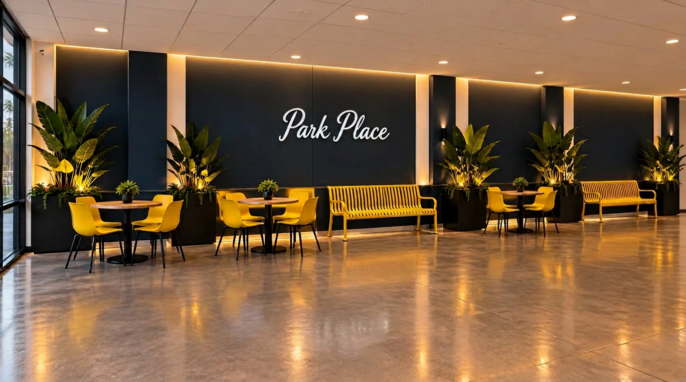 The Park Place lounge with yellow seating, plants, and an illuminated Park Place sign